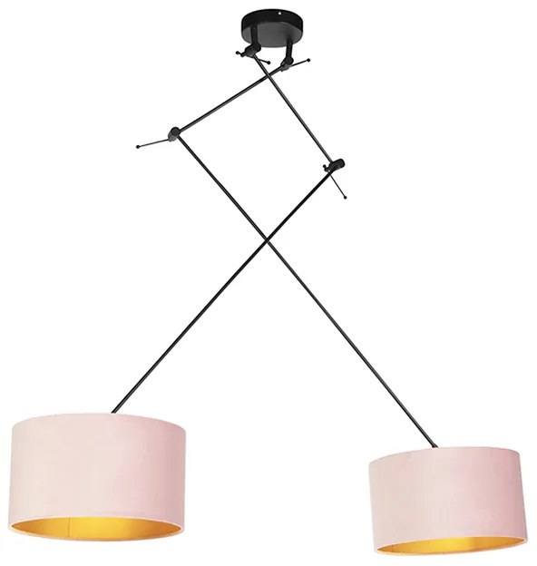 Candeeiro de suspensão preto com abajures de veludo rosa e dourado 35 cm 2-luzes - Blitz Country / Rústico,Rústico