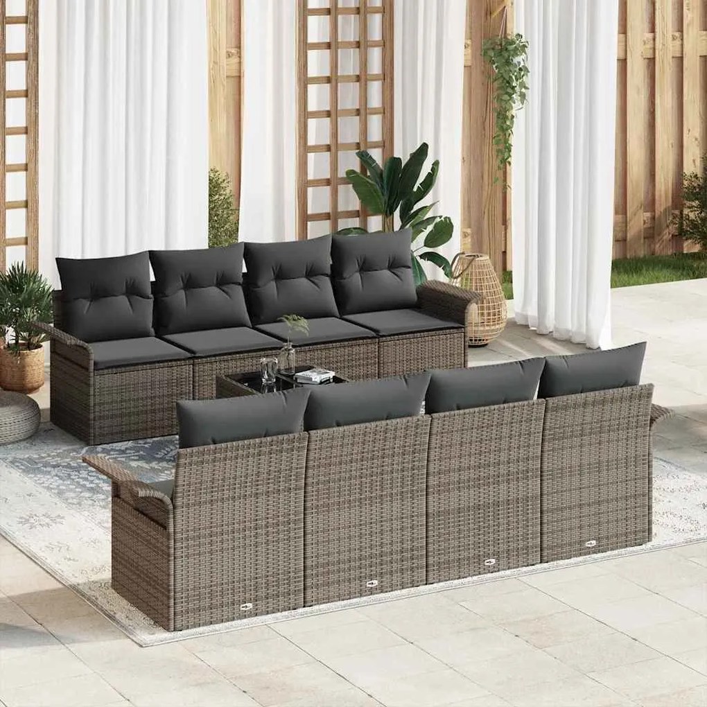 vidaXL Conjunto de Sofá de Jardim 9 pcs Cinzeto Rattan e Aço e Vidro