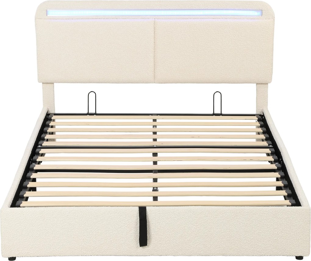HOMCOM Cama Baú 140 x 190 cm, LED RGB, Cabeceira Regulável, Estrado de Cama Duplo Estofado em Veludo, Armazenamento Hidráulico, Creme | Aosom Portugal