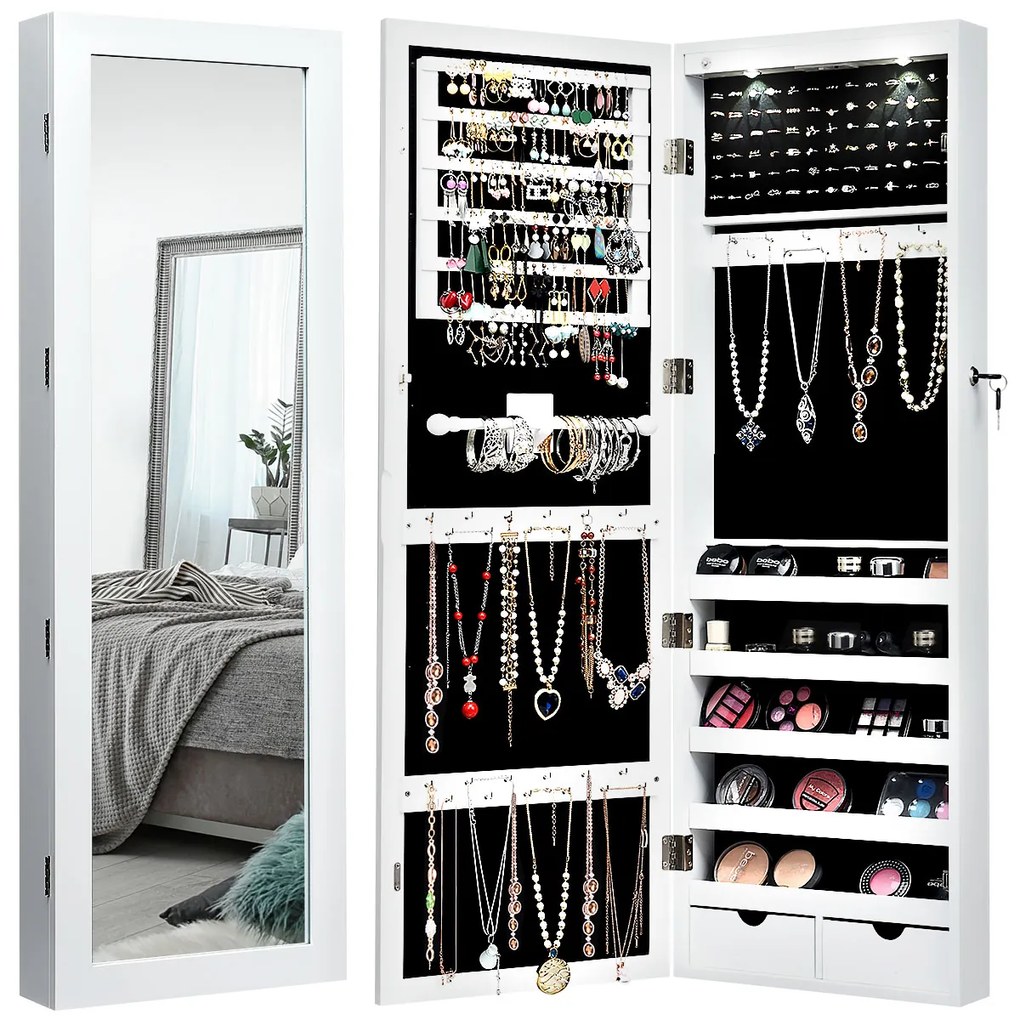 Guarda Jóias C/ Espelho Corpo Inteiro Montado na Parede com 2 Luzes LED Organizador de Jóias de Corpo Inteiro 37 x 9,5 x 108 cm Branco