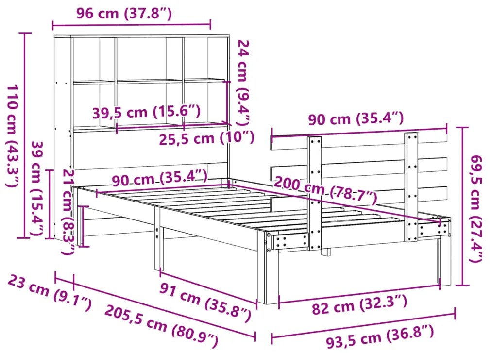 Cama com estante sem colchão 90x200cm pinho maciço castanho-mel