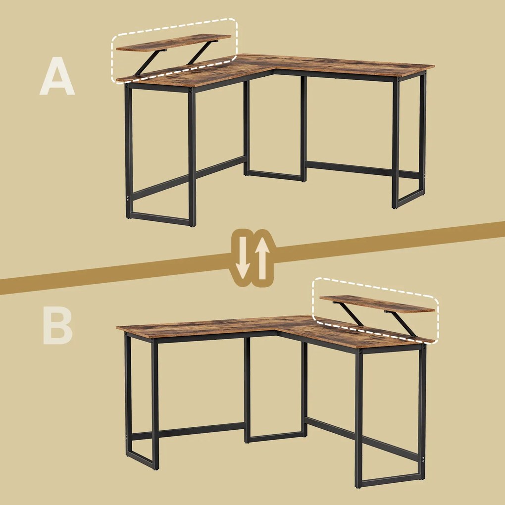 Secretaria para computador em forma de L 140 x 130 x 89 cm (C x L x A) castanho vintage, preto