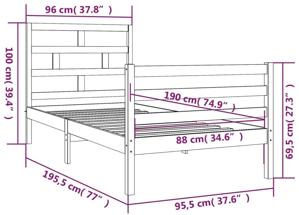 Estrutura de cama solteiro 90x190 cm madeira maciça branco