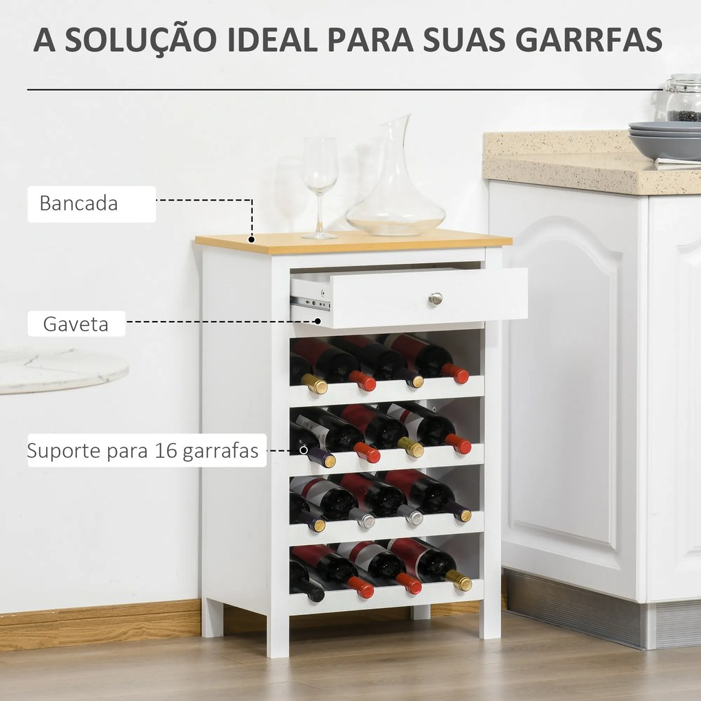 Aparador de Cozinha Moderno com 1 Gaveta e 4 Suportes para 16 Garrafas de Vinho Armário Auxiliar para Sala de Estar Anti-Tombo 55x30x80cm Branco