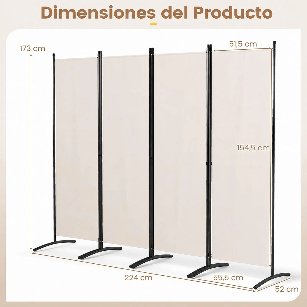 Biombo Separador de Ambientes de 4 Painéis, 224 x 52 x 173 cm, Dobrável, Bege