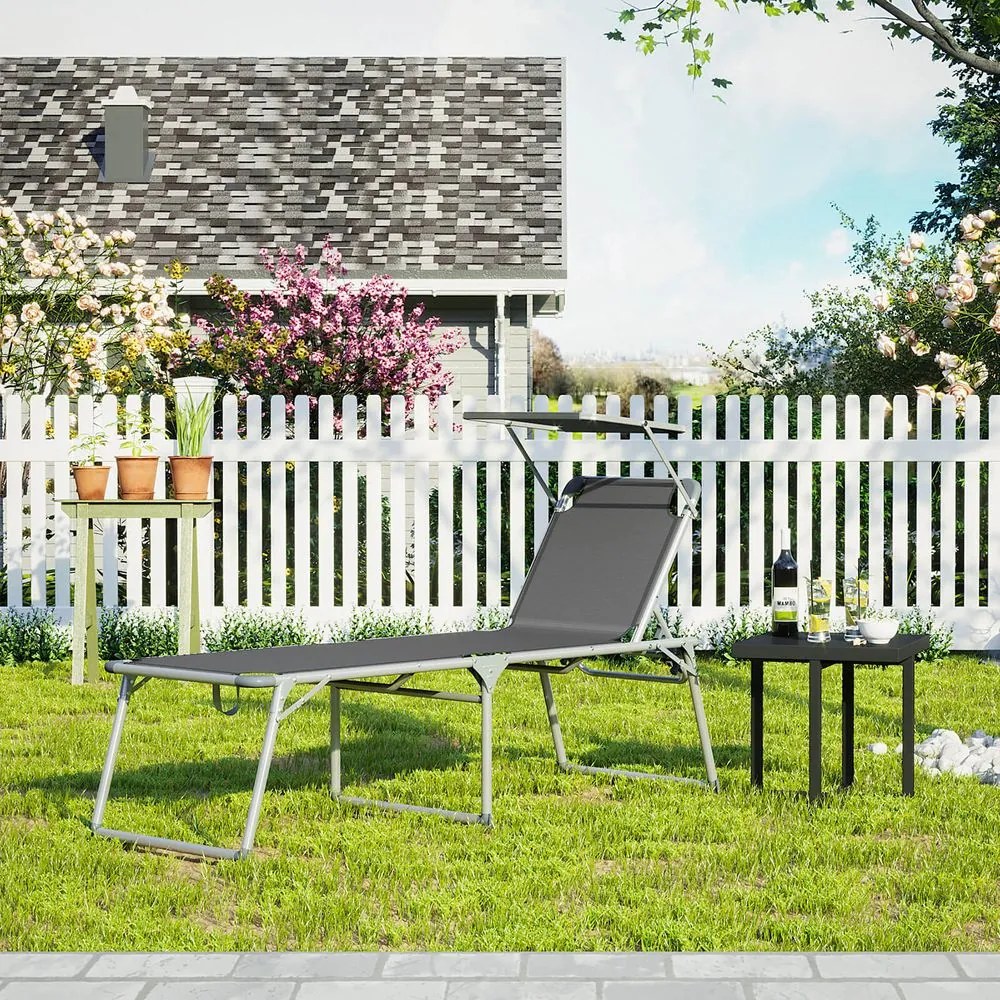 Espreguiçadeira jardim grande XXL 65 x 200 x 48 cm carga até 150 kg com pala de sol Cinzento