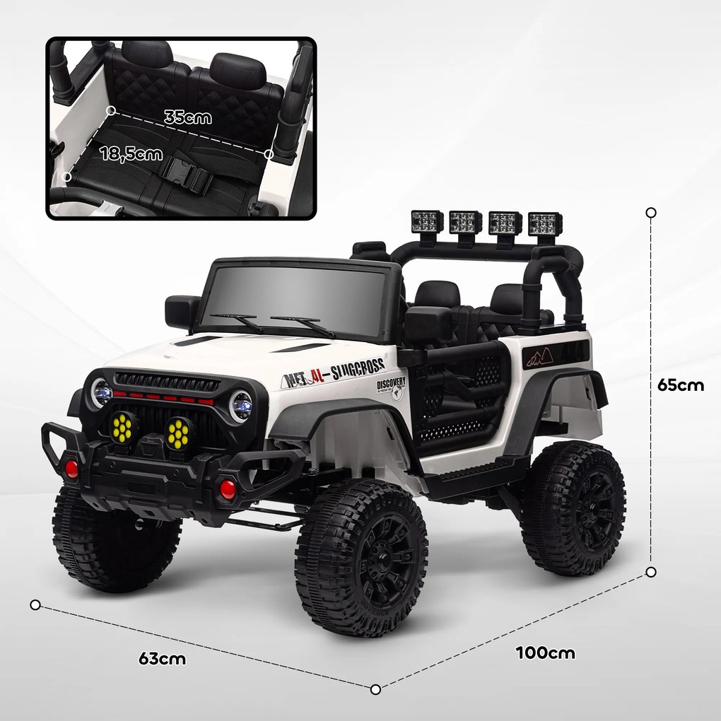 Carro Elétrico para Crianças com Bateria de 12V Controlo Remoto Bluetooth Faróis LED Buzina e Música 100x63x65 cm Branco
