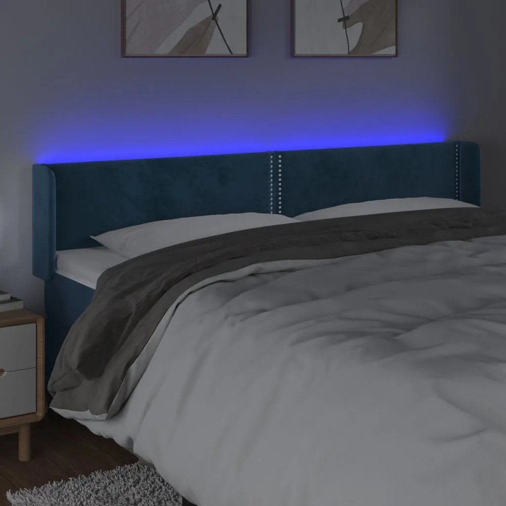 Cabeceira cama c/ luzes LED veludo 183x16x78/88 cm azul-escuro