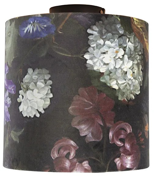 Candeeiro de teto com abajur de veludo flores com dourado 25 cm - Combi Preto Clássico / Antigo
