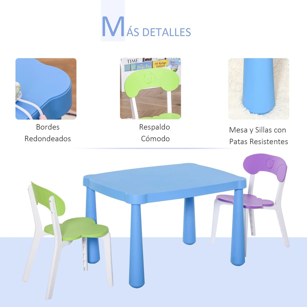 HOMCOM Conjunto de mesa e 2 cadeiras infantil para atividades com encosto e bordas redondas para crianças acima de 2 anos 76,5x54,5x49,5 cm Multicolor