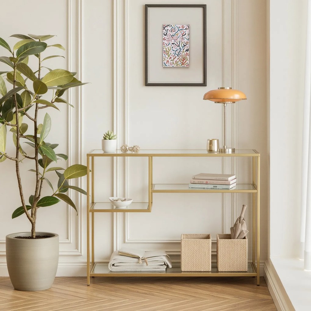 Mesa consola em vidro e metal 35 x 100 x 80 cm, com prateleiras, para corredor ou sala de estar dourado
