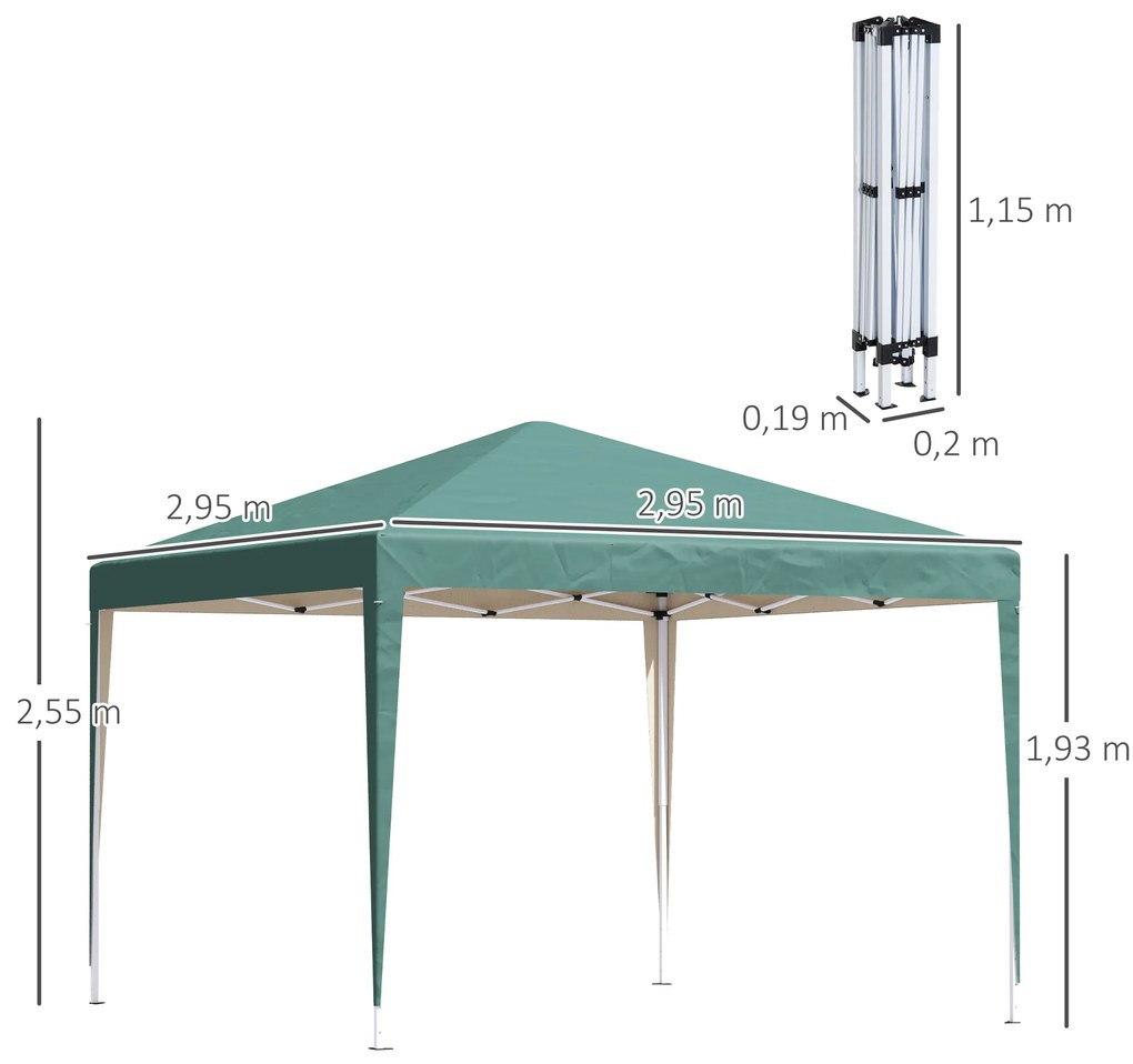 Tenda Dobrável 2,95x2,95 cm com Bolsa de Transporte Altura Ajustável Anti-UV e Impermeável para Terraço Pátio Verde