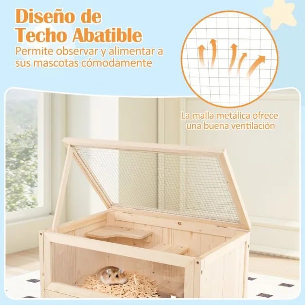 Gaiola para hamsters, de 80 cm com teto de malha rebatível, escada múltipla, rampa, prateleira inferior, painel acrílico e porta castanha