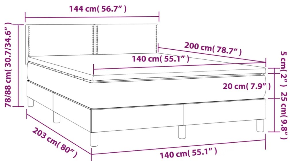 Cama box spring c/ colchão e LED 140x200 cm tecido cinza-escuro