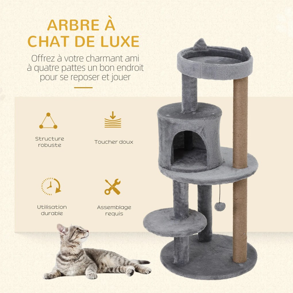 Arranhador para gatos Ø 48 x 104 A cm com vários acessórios: arranhadores, plataformas, compartimentos abertos e bola suspensa cinzento