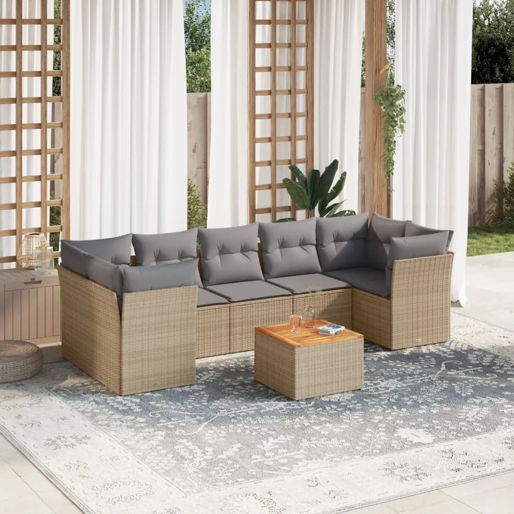 8 pcs conj. sofás jardim c/ almofadões vime PE bege misturado