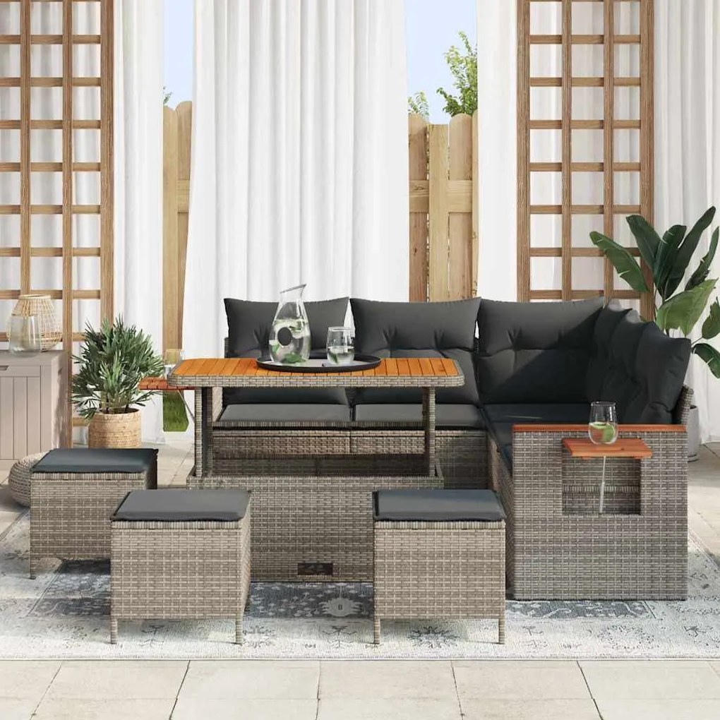 Conjunto de Sofá de Jardim de 9 Peças com Almofadas Cinza Rattan Acáci