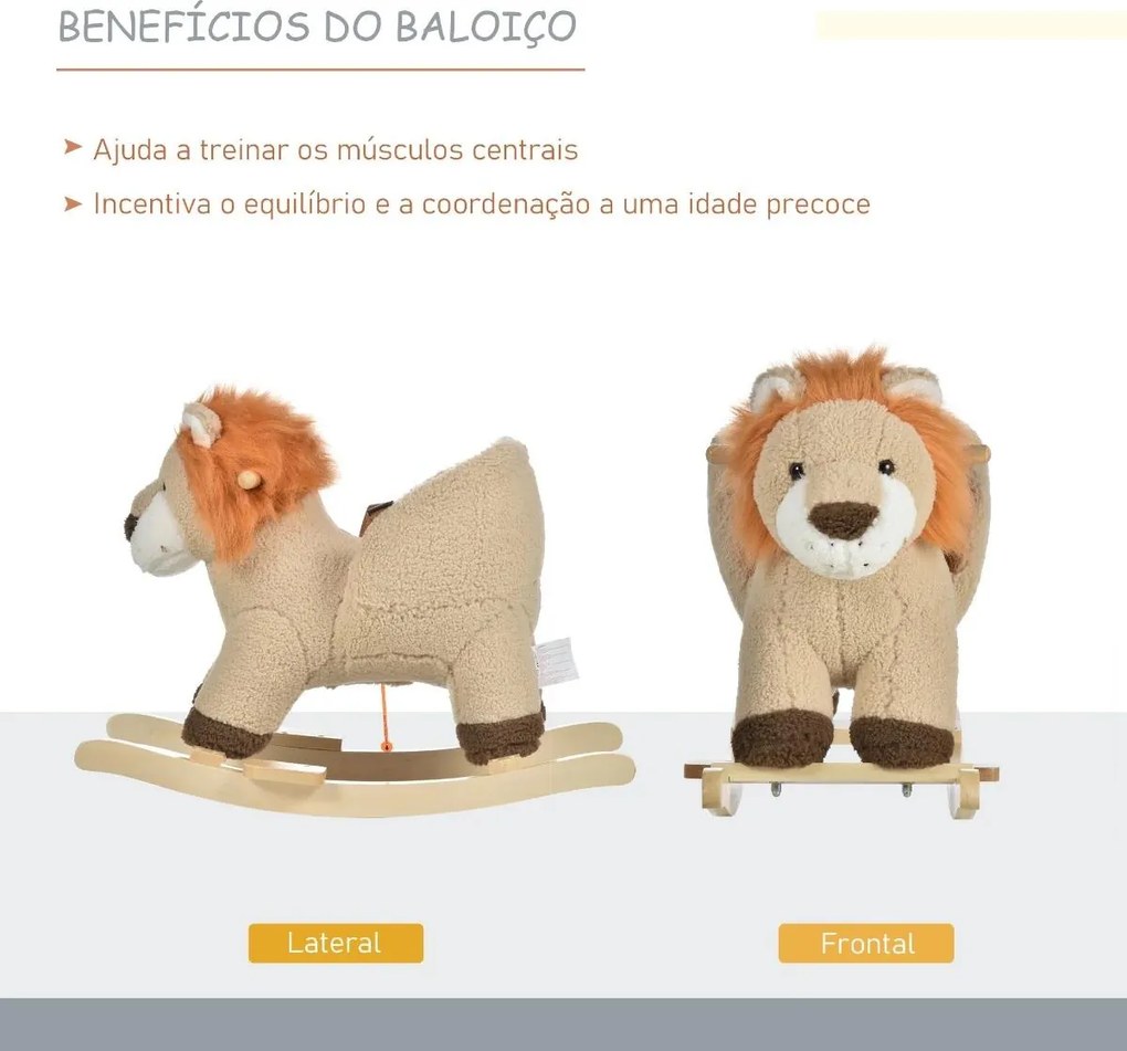 Baloiço Infantil em Forma de Leão de Pelúcia para Bebés 18-39 Meses com Som Cinto de Segurança Guidão Apoio para os Pés 68x35x50cm Castanho
