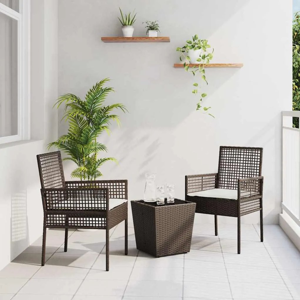 vidaXL Conjunto de Bistrô de Jardim 3 Peças com Almofadas Marrom em Rattan Sintético.
