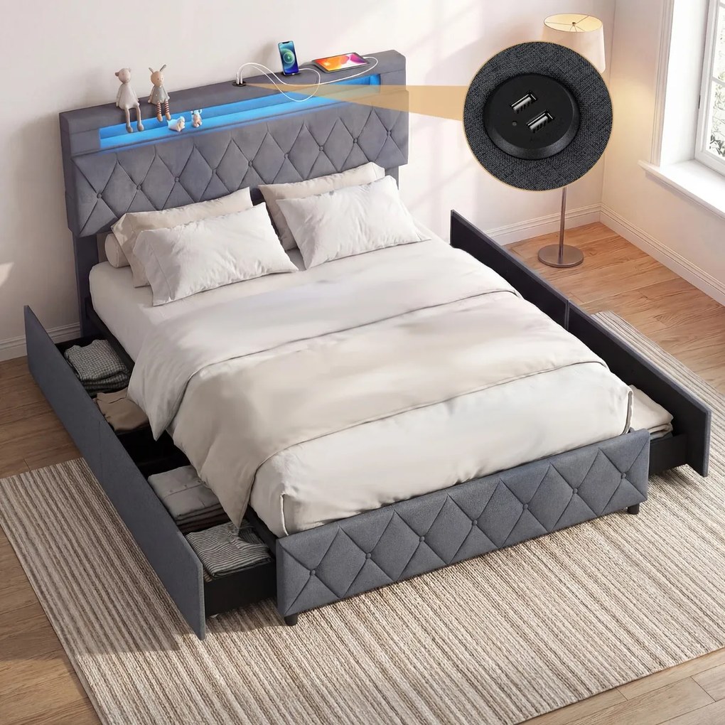 Estrutura de cama 140x200 cm (COLCHÃO NÃO INCLUIDO) com LED USB, estofado, gavetas, cabeceira ajustável, espaço de arrumação, ripas de madeira, não ne
