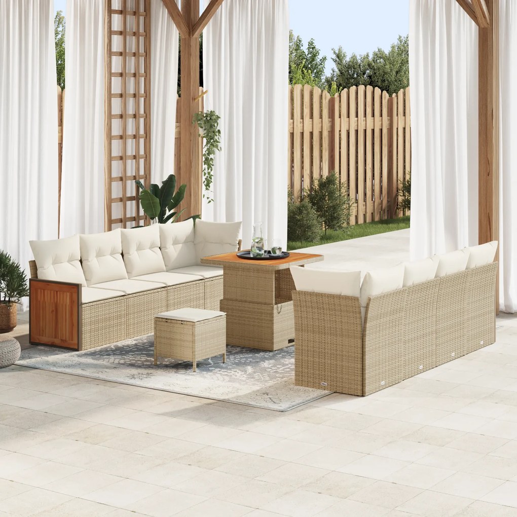 Conjunto de Sofás de Jardim vidaXL com 11 Peças e Almofadas Bege Rattan Acácia