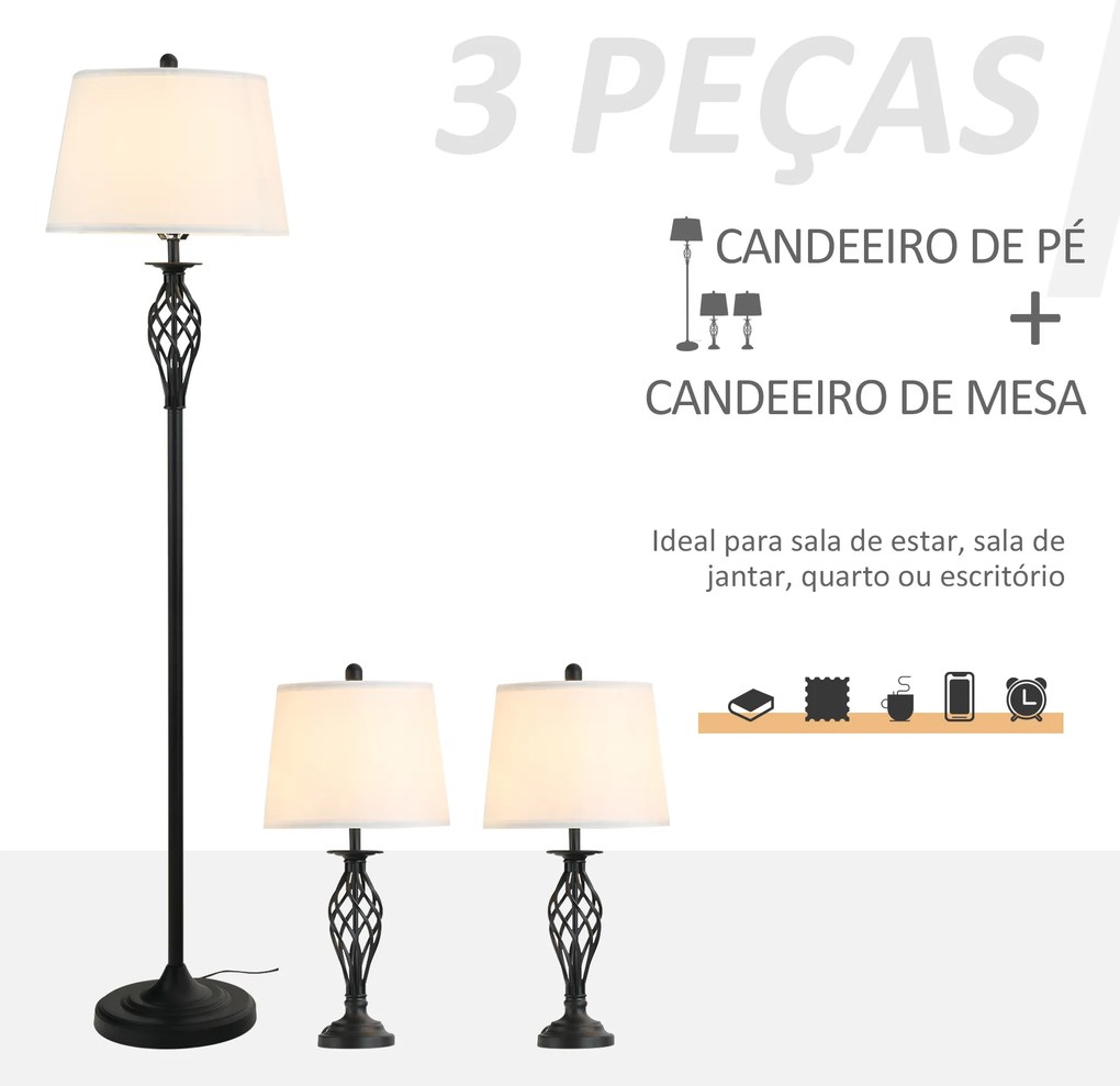 Conjunto de 2 Candeeiros de Mesa e Candeeiro de Pé com Ecrã de Tecido E27 Máx. 40W IP20 e Interruptor de Pé Candeeiros para Sala de Estar Dormitório Ø