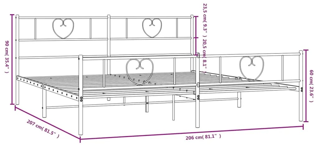 Estrutura de cama com cabeceira e pés 200x200 cm metal preto