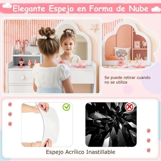Toucador com banco de criança com espelho em forma de nuvem Estante aberta Gavetas e armarios Mesa de maquilhagem Branco