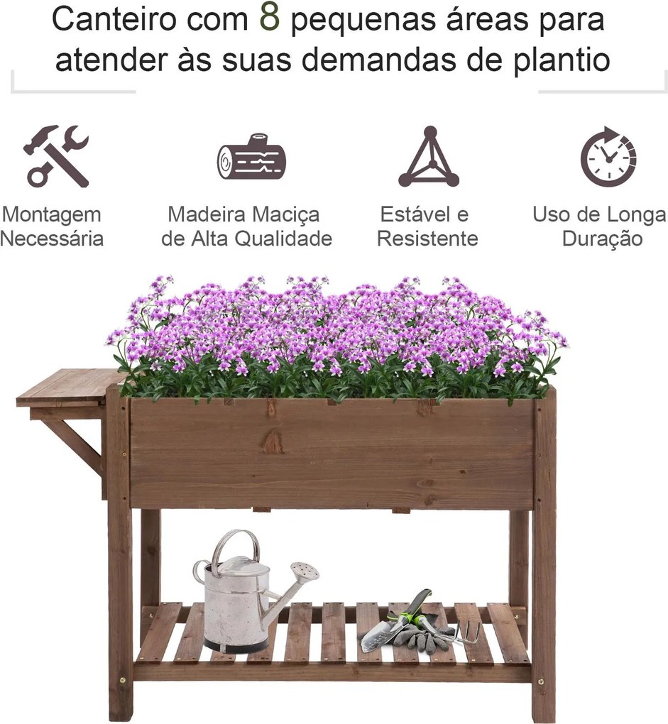 Horta Vertical com Prateleira Horta Elevada de Madeira Maciça para Cultivo de Flores Verduras Ervas 123x54x74cm Castanho