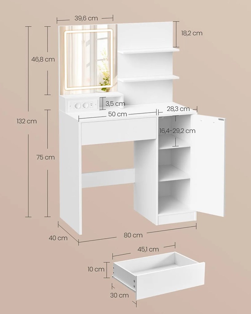 Toucador com espelho LED (BANCO NÃO INCLUIDO), gaveta e prateleiras abertas 40 x 80 x 132 cm Branco