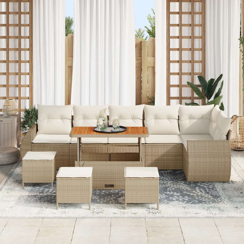 Conjunto de Sofá Jardim de 10 Peças com Almofadas Bege Rattan Acácia,