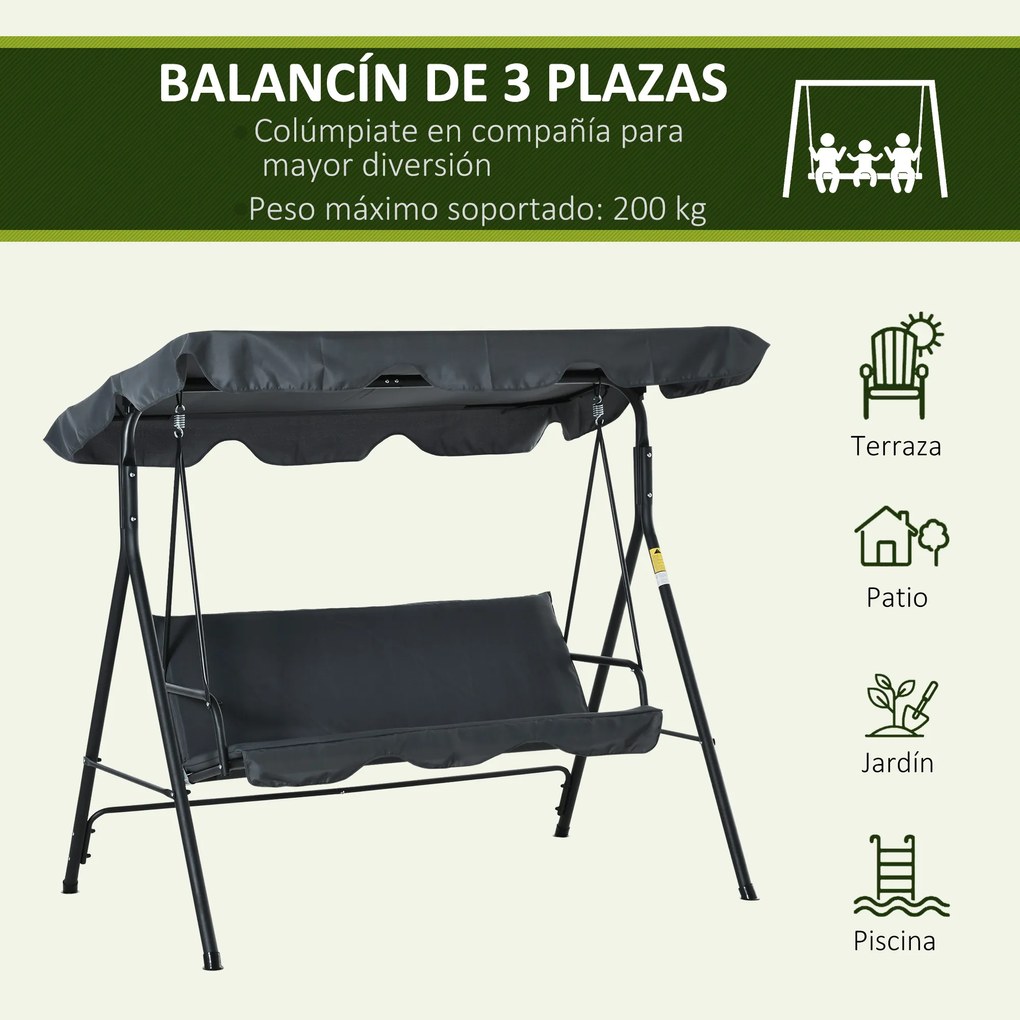 Outsunny Baloiço de Jardim de 3 Lugares com Almofada Toldo Ajustável e Estrutura de Metal para Balcão Terraço Patio Carga Máx. 200kg 172x110x153cm Cinza