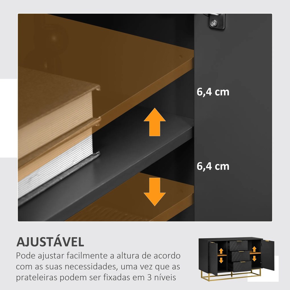 Aparador Auxiliar Armário de Armazenamento com 3 Gavetas e 2 Armários com Prateleira Ajustável 120x40x76 cm Preto