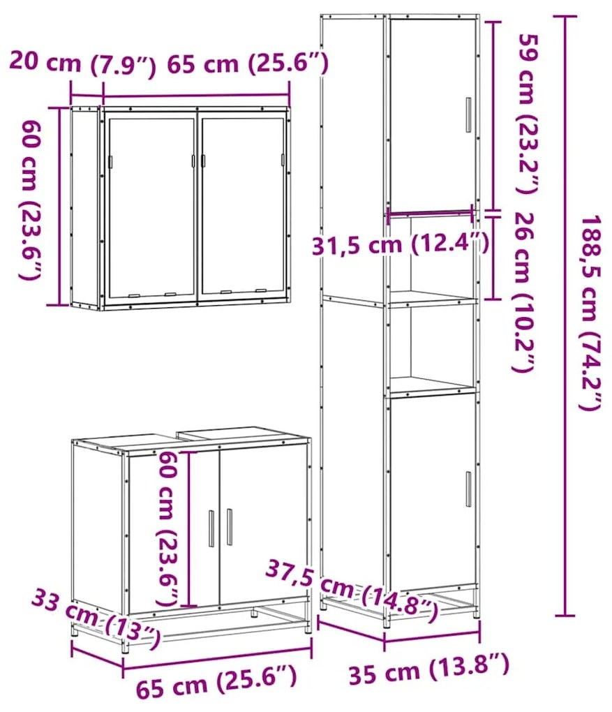 3 pcs Conjunto móveis casa de banho madeira proc. cinza sonoma