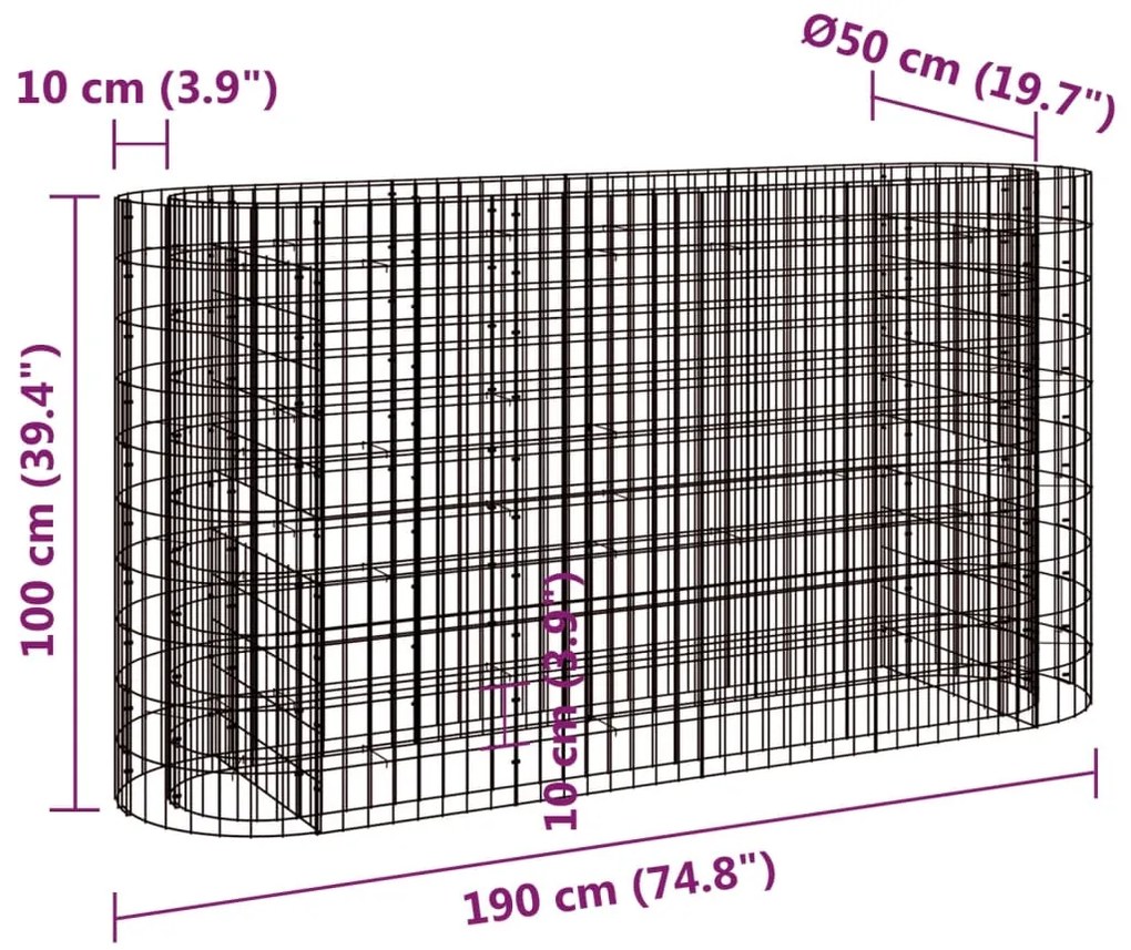 Canteiro elevado/cesto gabião 190x50x100 cm ferro galvanizado