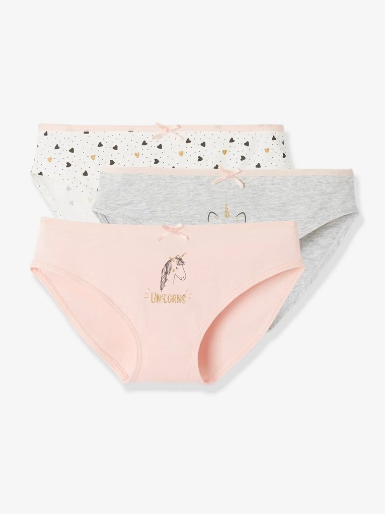 Lote de 3 cuecas gatos e unicórnios, para menina rosa claro liso com motivo