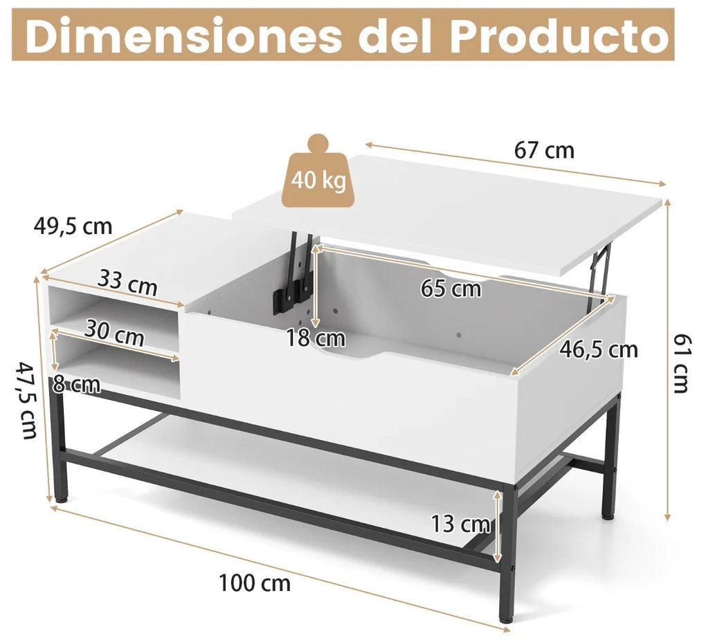 Mesa de centro elevável com compartimento oculto e prateleira de arrumação extraível Estrutura metálica Branca