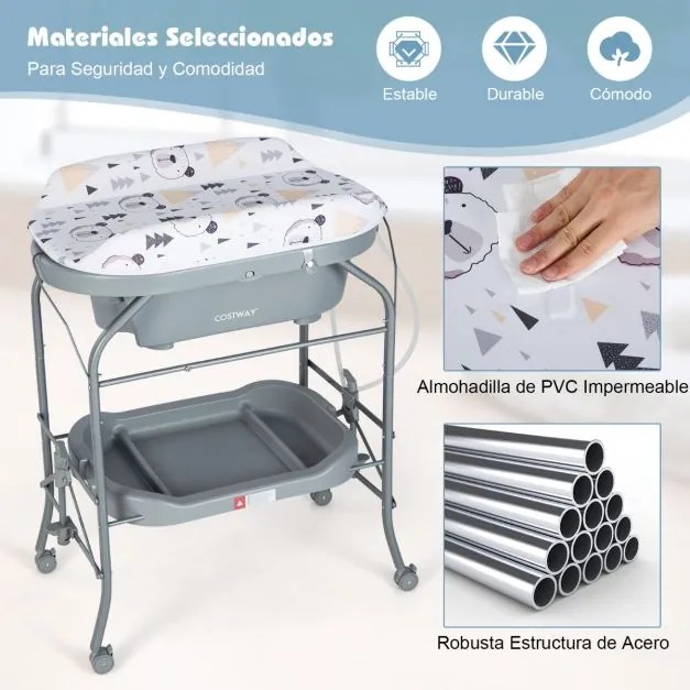 Trocador fraldas para bebés com banheira portátil Almofada dobrável em PVC Bandeja de arrumação com 4 rodas universais Cinzento