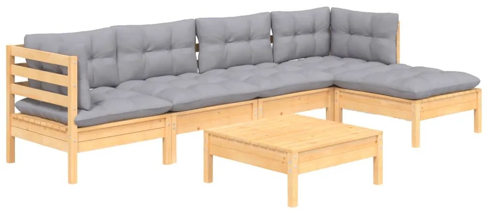 6 pcs conjunto lounge de jardim c/ almofadões cinza pinho