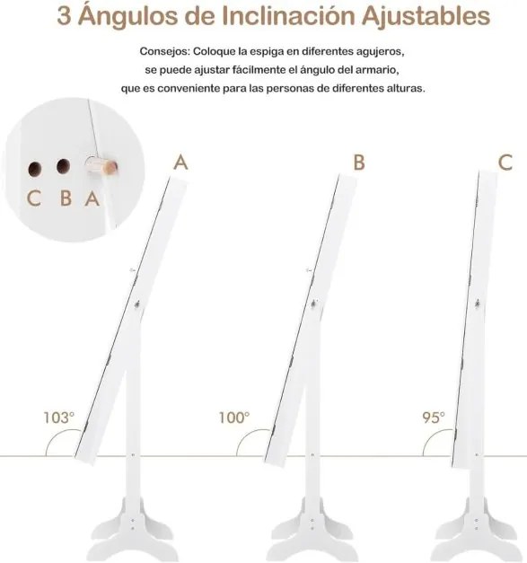 Espelho de joias de pé 35 x 30 x 144 cm com 3 inclinações, organizador de armazenamento para brincos e colares com espelho e 4 compartimentos, branco