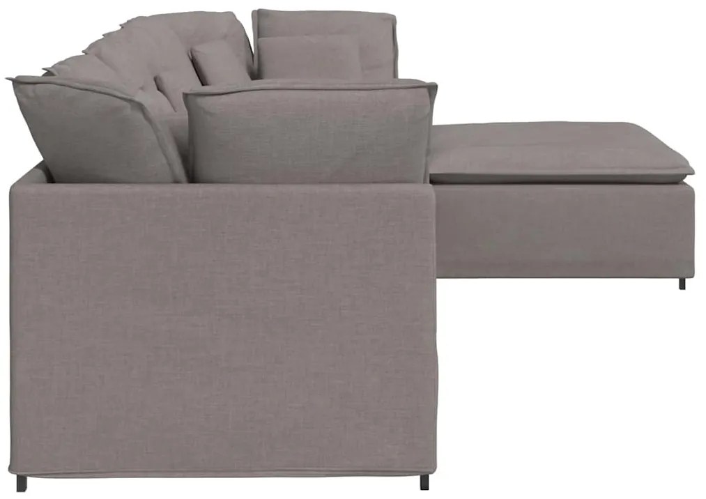 Sofá modular com pufes e almofadas tecido cinzento-acastanhado