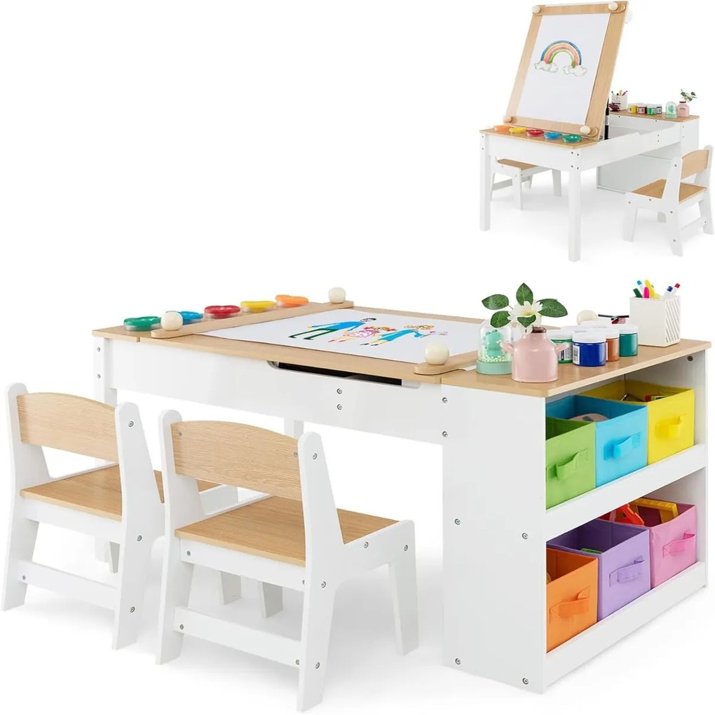 Conjunto de mesa e 2 cadeiras com cavalete para desenho, com copos para tinta e rolo de papel natural