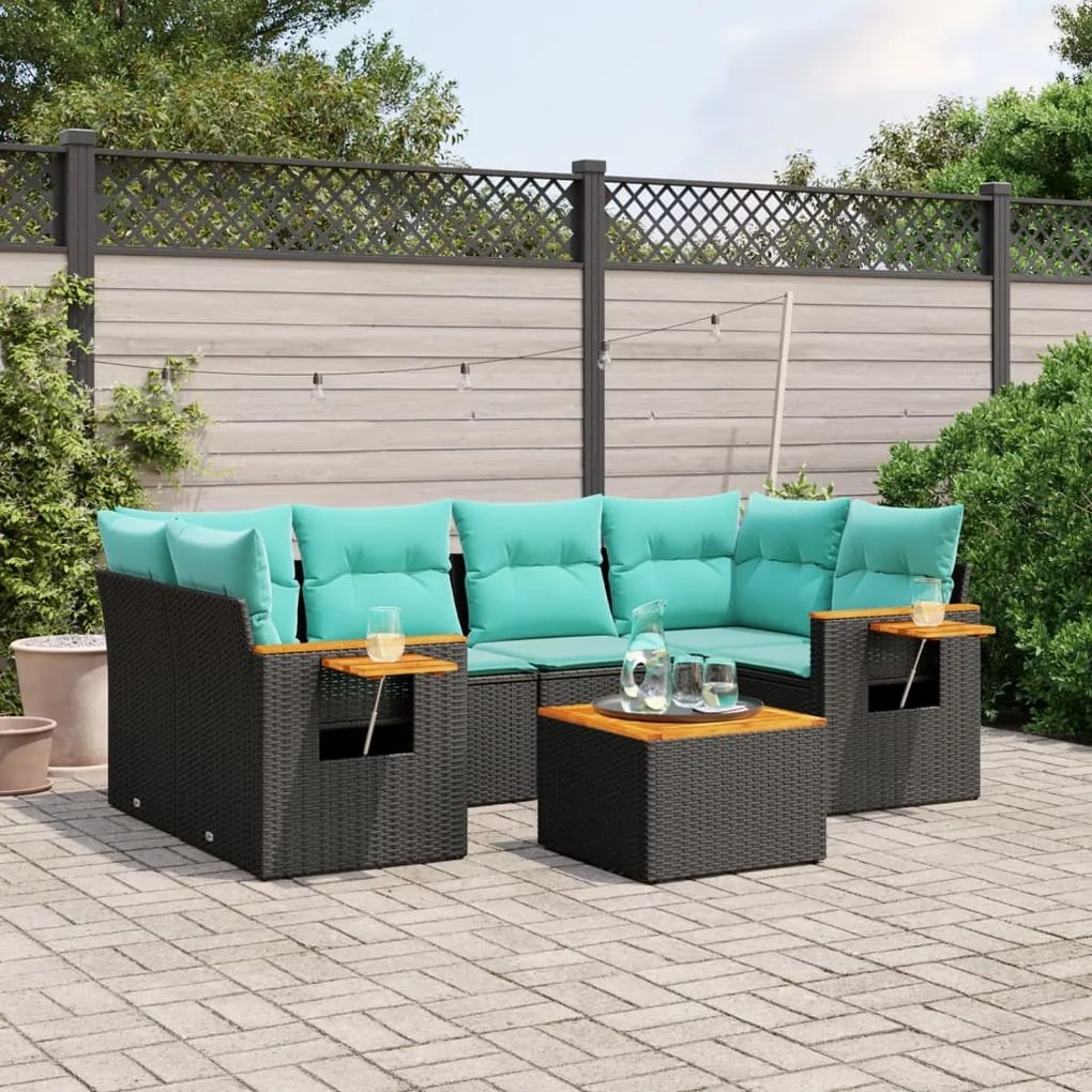 7 pcs conjunto de sofás p/ jardim c/ almofadões vime PE preto