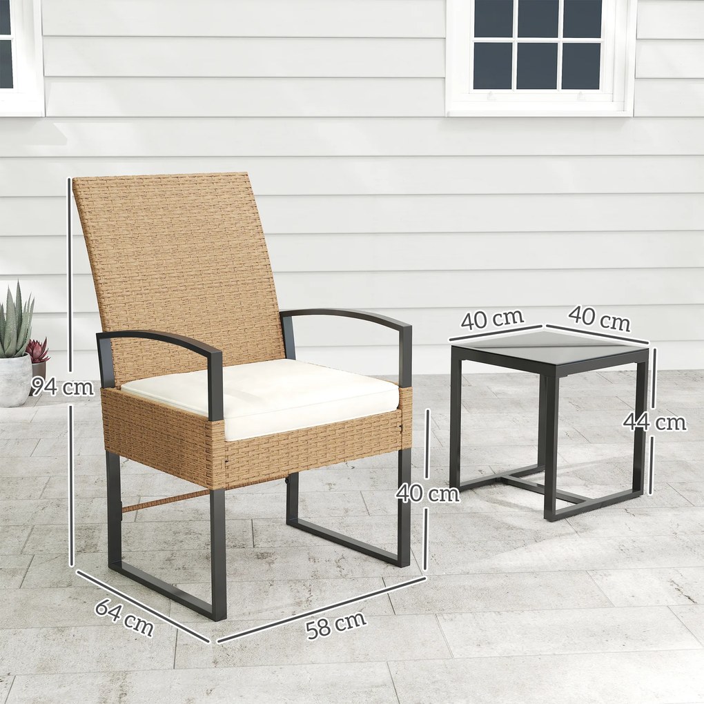Conjunto de Jardim de 3 Peças com 2 Cadeiras e Mesa de Vime com Encosto Ajustável e Bancada de Vidro Bege e Branco