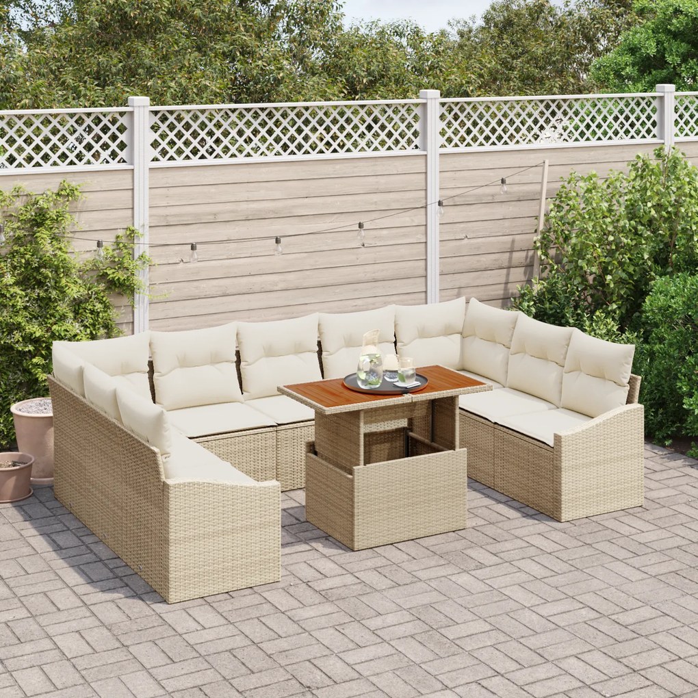 Conjunto de Sofá de Jardim com Almofadas Bege Rattan Poliéster