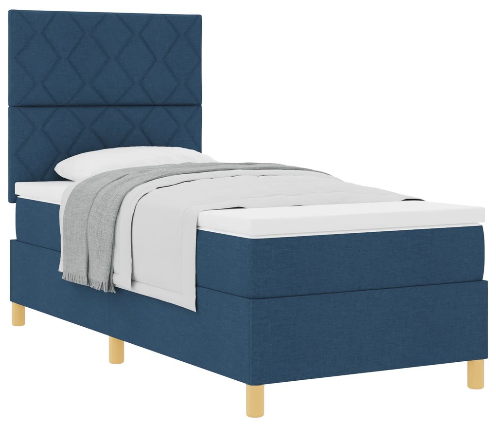 Cama Box Spring com Colchão Azul de Solteiro Tecido