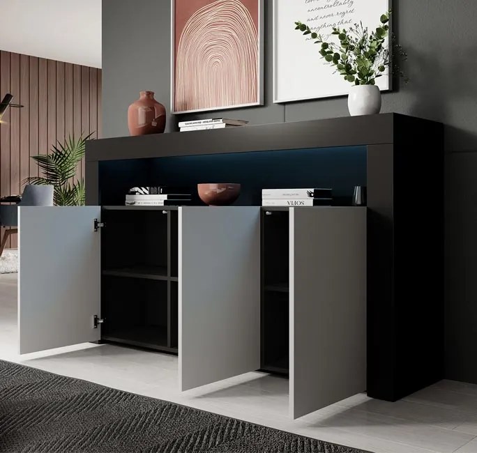 Aparador com Luz LED BELO - 155x91,5x37 cm - Preto/Branco Mate - Desig