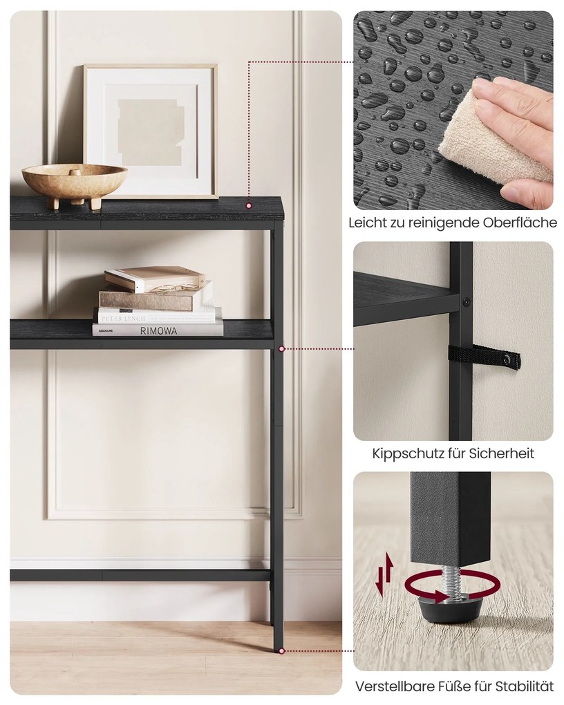 Mesa consola estreita com 2 prateleiras 20 x 100 x 80 cm Preto e cinzento antracite