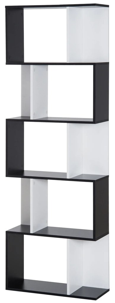 HOMCOM Estante para Livros Estante Alta de Parede com 5 Níveis em Forma de S Desenho Moderno 60x24x184,5 cm Branco e Preto | Aosom Portugal