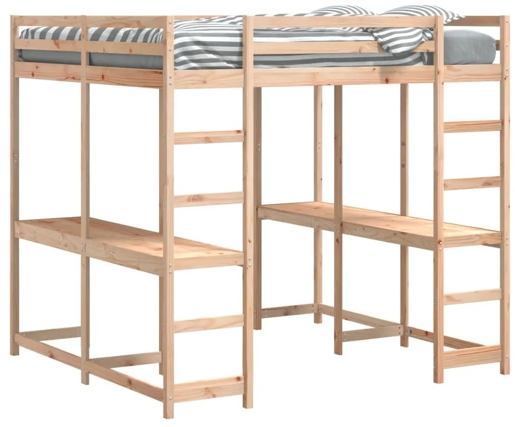 Cama alta com secretária e escada 140x200 cm pinho maciço